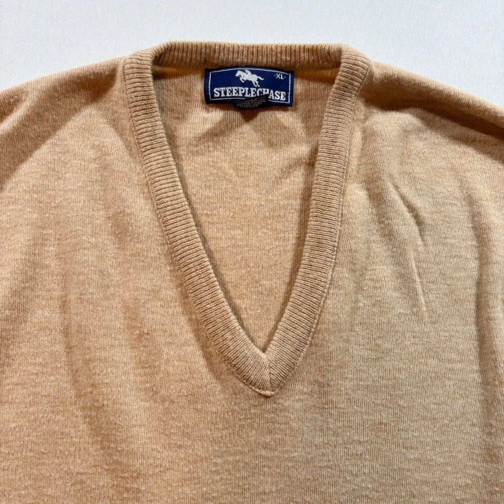 Steeplechase V-Neck Sweater Mens XL Tan Vintage Orlon Acrylic Knit Pullover USA
